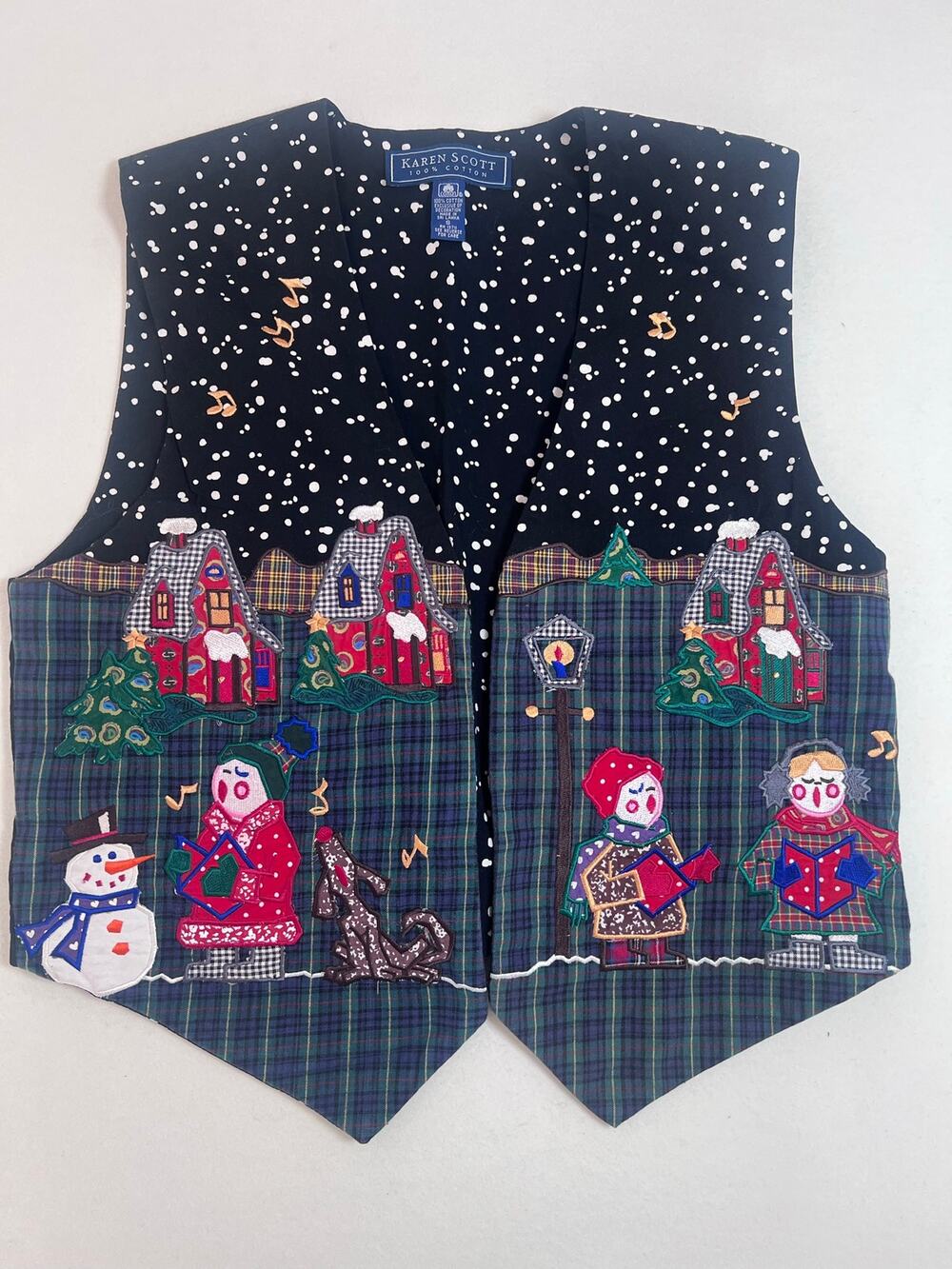Vintage Karen Scott Womens S Christmas Vest Carolers Snowman Plaid Applique
